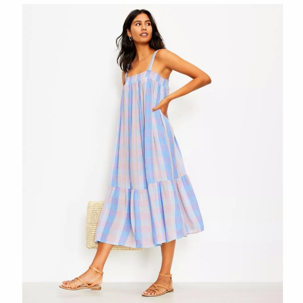 Loft Plaid Smocked Pocket Midi Dress
